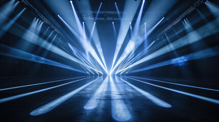 Dark stage background, abstract concert space with pattern of spotlight, blue light lines. Concept of show, studio, podium, beam, party, showroom.