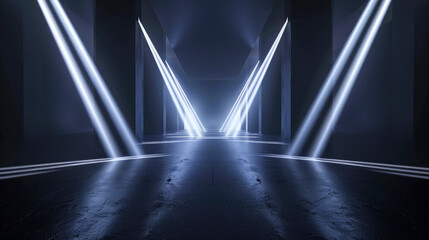 Futuristic dark stage background, abstract room with pattern of spotlight, blue light lines. Concept of show, studio, display, beam, party, showroom.