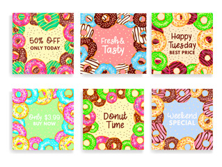 Donut sale special offer discount advertising social media post design template set vector