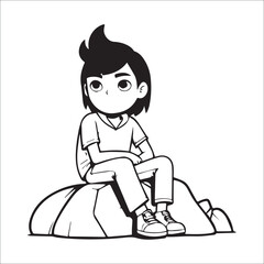 sad boy setting on rock Top Quality vector line color illustration 