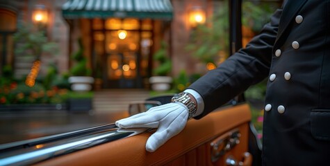 Close-up of a chauffeur opening a luxury car door in an elegant setting