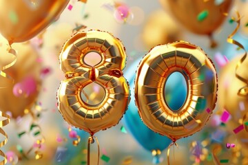 the number 80 made by baloons to celebrate a hundread years of birthday, party atmosphere background, bright and bold