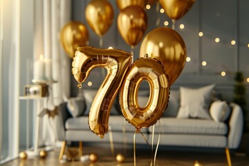 the number 70 made by baloons to celebrate a hundread years of birthday, party atmosphere background, bright and bold