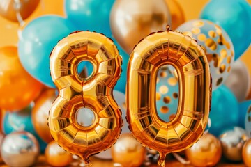 the number 80 made by baloons to celebrate a hundread years of birthday, party atmosphere background, bright and bold