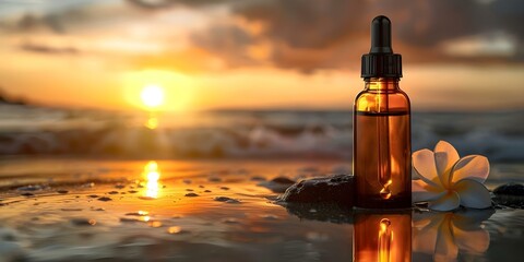 Mockup of oz Glass Dropper Bottle with Amber Extract in Beach Sunset Setting. Concept Product Photography, Packaging Design, Beauty Products, Health Supplements, Nature Inspired Concept
