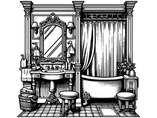 Fototapeta premium Bathroom design. Hand drawing vintage style black and white clip art. Raster, generative ai.