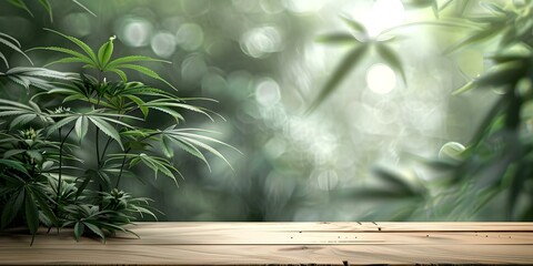Wooden Table with Blank Space in Front of Cannabis Field for Product Display. Concept Product Display, Cannabis Field, Wooden Table, Blank Space, Outdoor Photoshoot