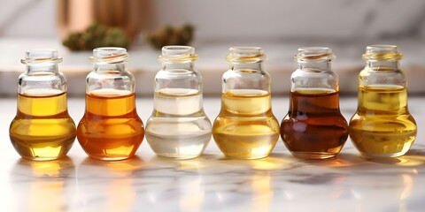 Various cannabis oils utilized for different purposes and applications in the industry. Concept CBD oil, THC oil, Hemp oil, Cannabis concentrates, Medical marijuana