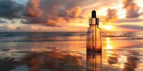 Mockup of a oz Glass Dropper Bottle with Amber Extract in a Beach Sunset Setting. Concept Product Mockup, Glass Dropper Bottle, Amber Extract, Beach Sunset, Setting