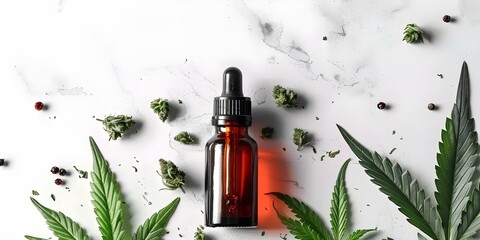 CBD-Infused Skincare Oil in Dropper Bottle with Cannabis Leaves and Buds. Concept Skincare, CBD, Oil, Dropper Bottle, Cannabis