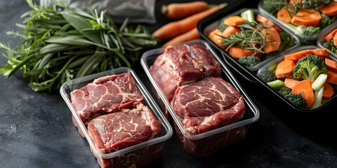 Convenient safe food delivery service for meat and vegetables to your kitchen. Concept Convenient Food Delivery, Meat, Vegetables, Safe Delivery Service, Kitchen Delivery