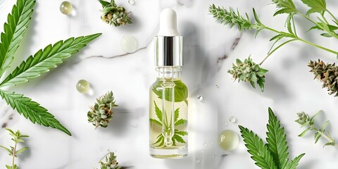 CBDinfused skincare oil in dropper bottle with cannabis leaves and buds. Concept CBD-infused Skincare, Dropper Bottle, Cannabis Leaves, Buds, Wellness Beauty