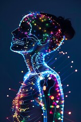 x-ray photo illustration of a woman and bones skeleton with shining glitters, surreal meditative concept theme