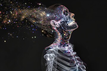 x-ray photo illustration of a human body and bones skeleton with shining glitters, surreal meditative concept theme