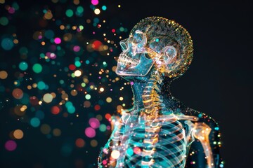 x-ray photo illustration of a human body and bones skeleton with shining glitters, surreal meditative concept theme