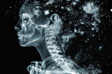 x-ray photo illustration of a woman and bones skeleton with shining glitters, surreal meditative concept theme