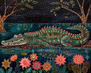 Obraz premium Majestic and graceful concept, a crocodile in a lake at night, depicted in Traditional Madhubani Bharni style painting