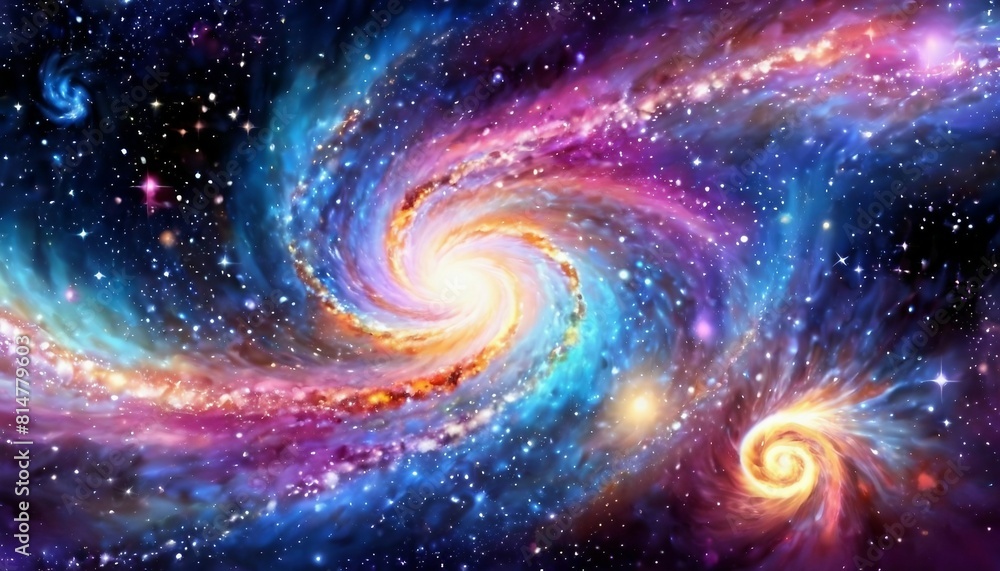 Poster abstract celestial symphony background with swirling galaxies and cosmic music notes.
