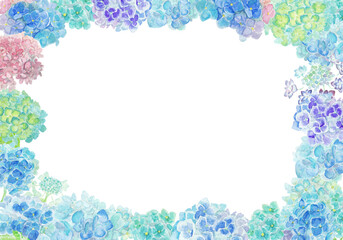 水彩絵の具で描いた6月のあじさいフレーム