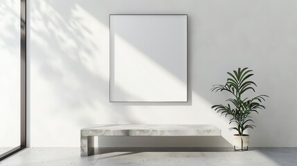 3D illustration of one empty frame on a clean, textured white wall above a concrete bench in a minimalist setting, gallery concept