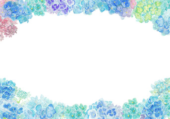 水彩絵の具で描いた6月のあじさいフレーム