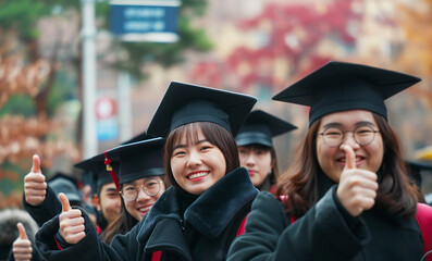Obraz premium Asian schoolchildren in graduation dresses pose for a photo outside the school building
