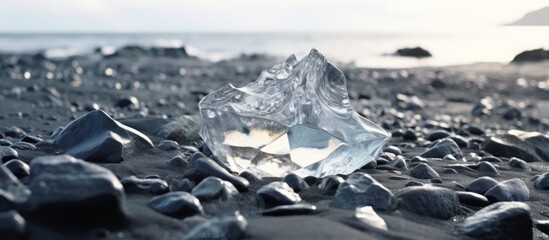 chunks of ice on the beach, sea background in the afternoon