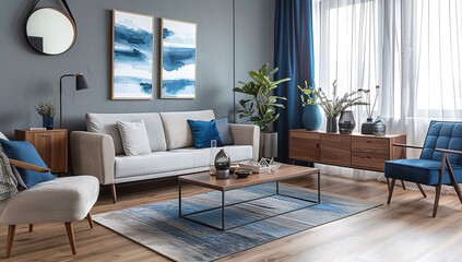 Modern Living Room Oasis: Gray Elegance with Blue Accents