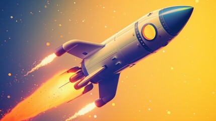 A colorful, stylized rocket ascending on a vibrant yellow background. AI Generative.