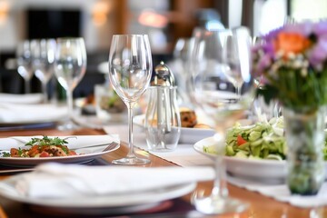 Conference Wedding Lunch Dinner Event Formal Table Setting Wine Glasses Centerpiece