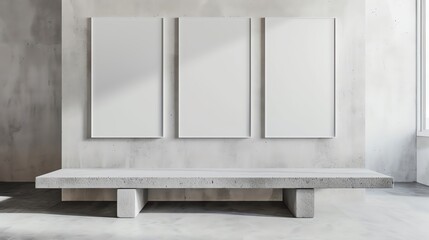 3D render of a minimalist design interior with three blank frames arranged on a wall above a concrete bench, against a textured white background