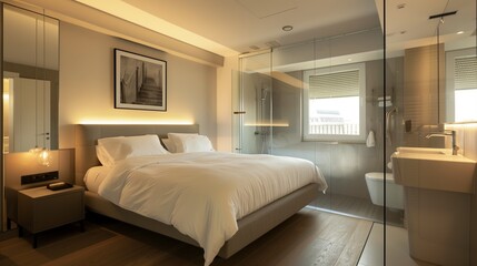 Fototapeta premium A modern bedroom with a glass partition separating the bed from the bathroom