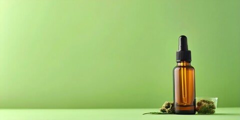 CBD products in a small glass bottle on a light green background. Concept CBD Products, Small Glass Bottle, Light Green Background