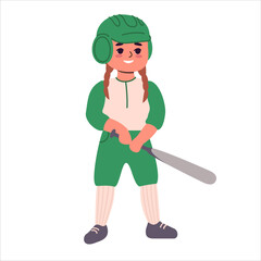 Vector image of a girl in a green baseball uniform holding a baseball bat and standing still on a white background. Ideal for sports and youth themes