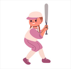 Vector of a girl baseball player in pink, poised with bat, ready to hit. Dynamic, sporty and perfect for youth sports themes.