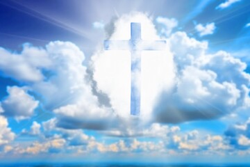 Christian cross with ray on sky background