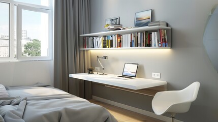 Fototapeta premium A modern bedroom with a minimalist, wall-mounted desk and a designer bookshelf