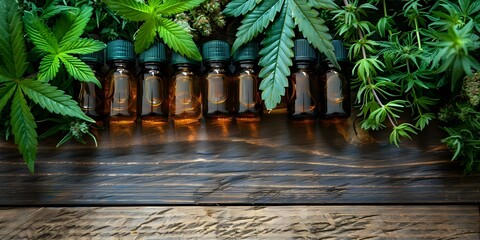 High angle view of CBD oil on wooden table: Exploring Alternative Health Care. Concept Alternative Health Care, CBD Oil, Wooden Table, High Angle View, Natural Remedies