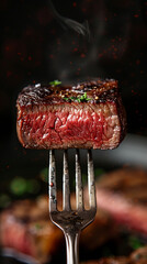 Juicy Steak on a Fork With Smoke