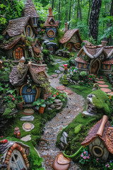 Naklejka premium An enchanting fairy garden adorned with whimsical miniature houses, winding pathways, and lush greenery, inhabited by tiny figurines.