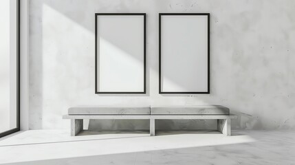 3D render showcasing two empty frames on a white textured wall above a concrete bench, reflecting a minimalist and modern gallery concept