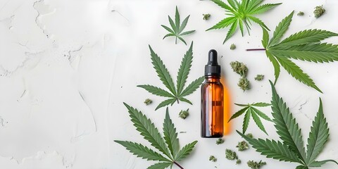 CBD Oil Dropper Bottle with Cannabis Leaves on White Background - Copy Space. Concept Product Photography, CBD Oil, Dropper Bottle, Cannabis Leaves, White Background
