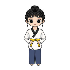 illustration of taekwondo girl with uniform and yellow belt with transparent background