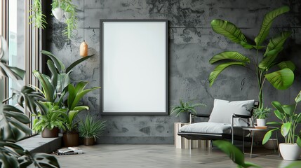 3D rendered contemporary living room with a large mockup poster frame, vibrant house plants, and modern decor elements
