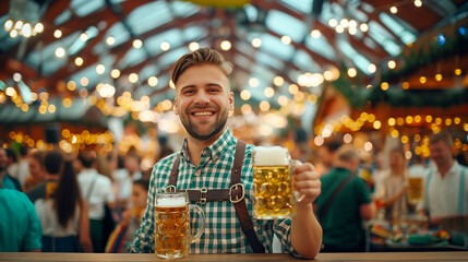Cheerful young Caucasian man in traditional German lederhosen, holding beer mugs at Octoberfest, smiling to camera with vibrant music stage and bustling crowd in decorated concert hall - Powered by Adobe