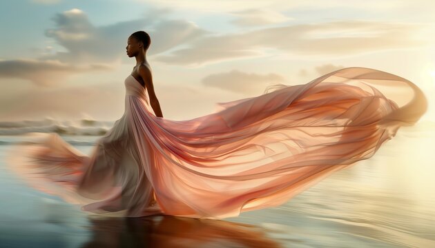 Sunset Symphony: Graceful African Woman in a Cascading Coral Gown on the Ocean Shore