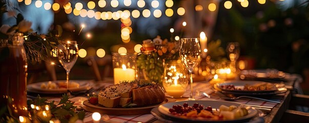 Fototapeta premium Charming Fourth of July dinner party setup with red, white, and blue decorations, festive tableware, and sparklers illuminating the night