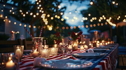 Charming Fourth of July dinner setup for a young couple with themed decorations, patriotic tablecloth, and starspangled centerpieces