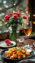 Plate of Pasta With Wine and Roses on Table