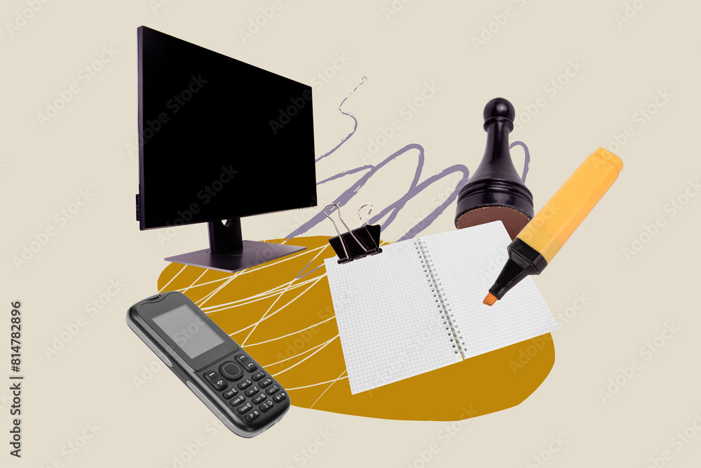 Fototapete Sketch image composite trend artwork 3D photo collage of workspace office room mobile phone computer monitor write notes highlighter